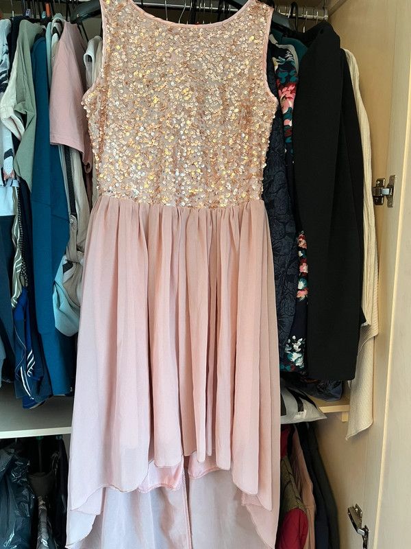 Boohoo pink sleeveless dress with sequin bodice and high-low hem product image